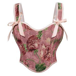 4355 Renaissance Costume Corset Top Vintage Floral Bodice Wine Floral Pink